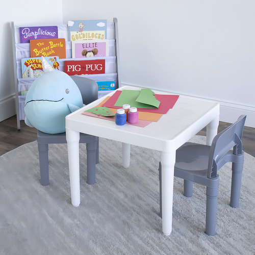 Humble Crew Juego De 2 Mesas De Plástico De Borrado En Seco Para Niños, Mesa Blanca Y Sillas Grises