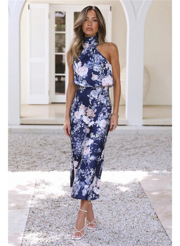 Vestido Estampado Sin Mangas Con Cuello Halter Verano Mujer