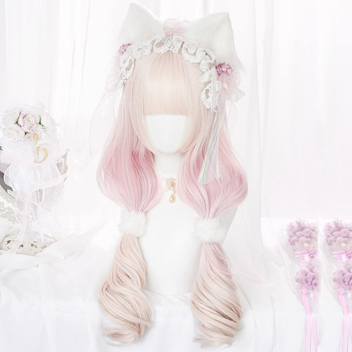 Peluca Rosa Pastel Peluca Cosplay Linda Kawaii Larga Rizada