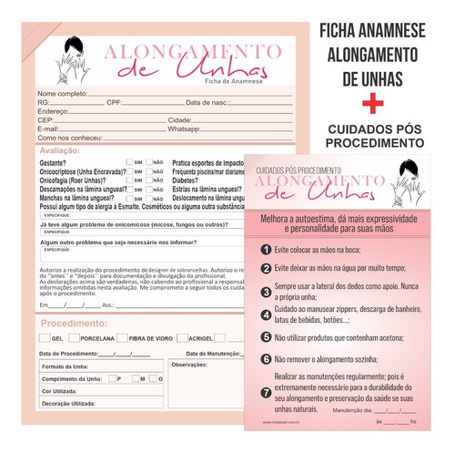 Imagem 1 de 4 de Ficha Anamnese Alongamento De Unhas + Cuidados Blocos 100fls
