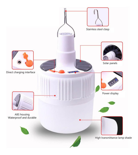 Lâmpada Led Recarregável Usb E Solar 15w Controle Cor Branco