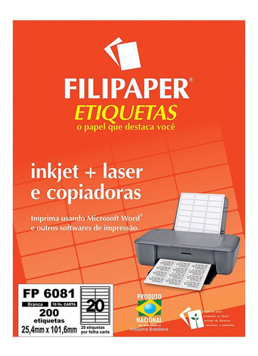Etiqueta Fp 6081 Inkjet + Laser 25,4x101,6mm 10 Folhas