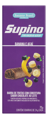 Pack Barra de Frutas Banana e Açaí Cobertura Chocolate ao Leite Supino Caixa 72g 3 Unidades