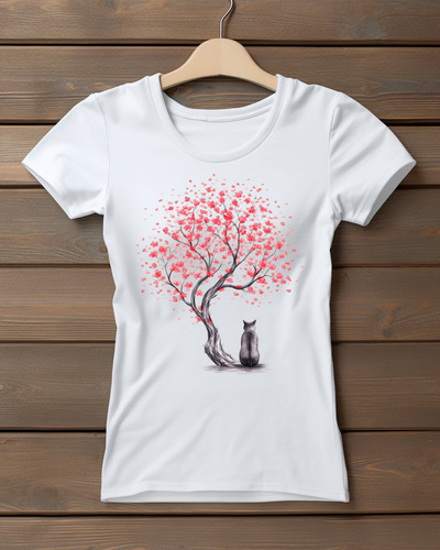 Playera Para Mujer Estampada Gato -pétalos De Cerezo