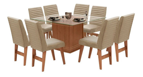 Conjunto De Mesa Com 8 Cadeiras Tampo De Vidro Onix Cedro Cor Cedro / Areia