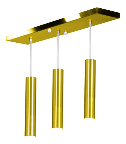 Pendente Triplo Tubo Cilindro Dourado 40cm + Led 3k