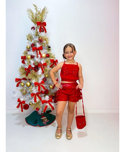 Conjunto Mini Diva Short Cropped Com Bolsinha Blogueirinha Vermelho Gg- 8 A 9 Anos