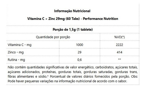 Vitamina C + Zinc 29mg (60 Tabs) Performance - Sabor Padrão Vitamina
