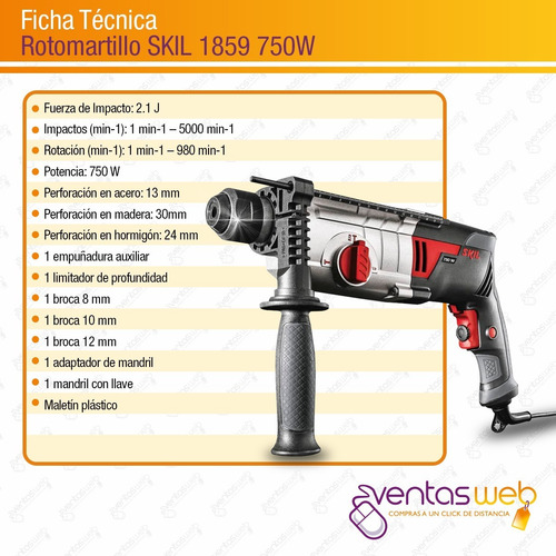 Imagen 5 de 6 de Rotomartillo Skil 24mm 2,1 J Sds Plus Maletin Mechas Mandril