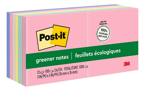 Notas Más Verdes Post-it, 3x3 Pulgadas, 12 Almohadillas, 1