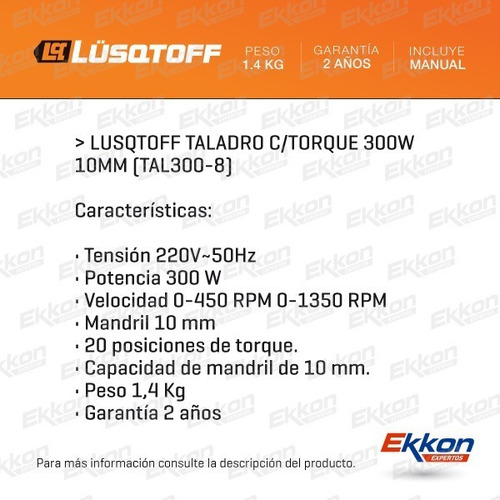 Imagen 2 de 8 de Taladro Lusqtoff Con Torque 300 Watts 10 Mm Tal300-8