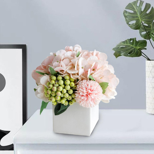 Nuevo Hortensia De Flores De Seda Artificial Con Florero De