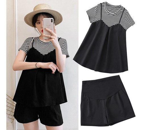 L - 2023 Summer Maternity Stripe Tee Belly Support Shorts