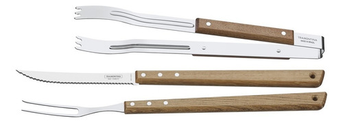 Juego Asado 3 Piezas Cuchillo Pinza Tramontina Churrasco LG Color Madera