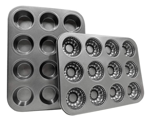 2 Moldes Charola 12 Cupcakes Acero Anti-adherente Repostería Gris