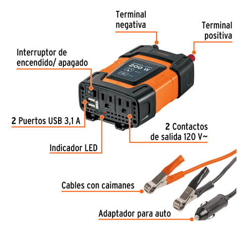 Inversor De Corriente De 200 W Con Puertos Usb, Truper 10448