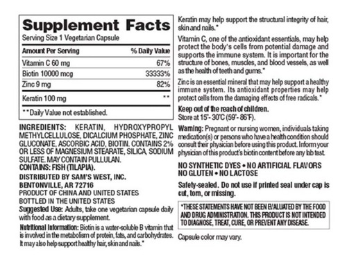 Imagen 2 de 2 de Biotin-biotina 1000mcg Con Keratina Y Vitamina C 250caps Usa