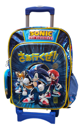 Mochila Con Carro Primaria Sega Sonic Tails Knuckles 3d Ruz Azul Metalizado