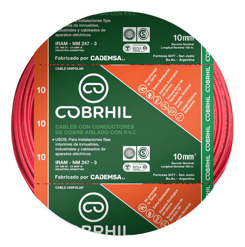 Cable Unipolar Normalizado Cobrhil 1x10mm² Rollo 25 Mts Cubierta Rojo