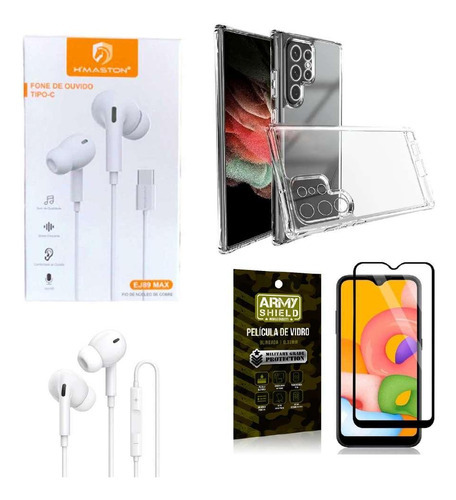 Kit Fone De Ouvido S22 Ultra Com Capinha E Película 3d