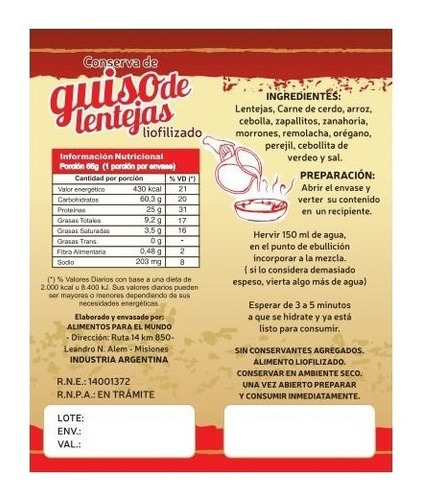 Imagen 2 de 5 de Comida Liofilizada Montaña Mi Menu Guiso De Lentejas
