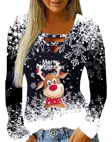 Navidad Mujer Copo Nieve Tops Ahueca Fuera Cuello V Lindo