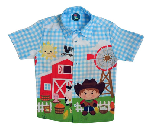 Camisa Infantil Social Temática Menino Fazendinha Personagen