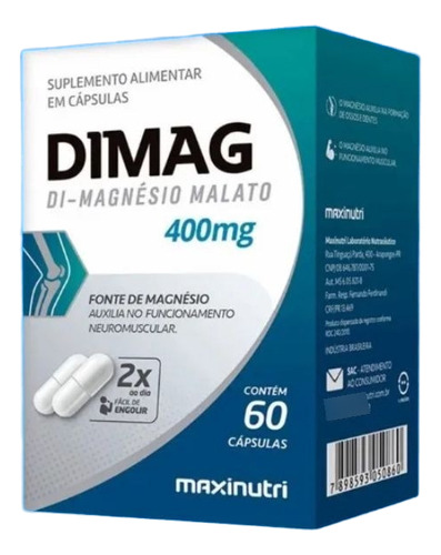 Dimag Magnésio Dimalato Maxinutri 400mg 60 Cápsulas Vitamina Sem Sabor