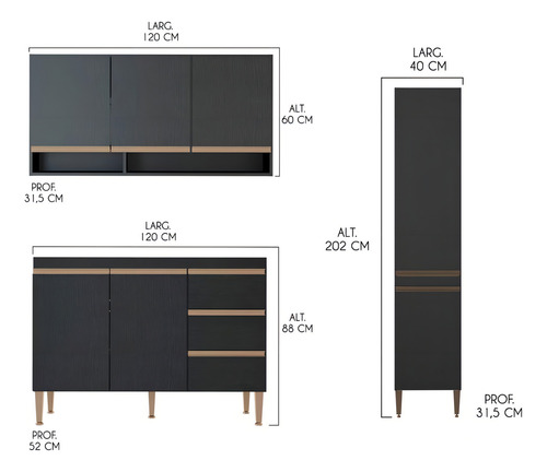 Cozinha Modulada Completa Com Torre Quente Sabrina 6 Pçs Mdp Cor Preto