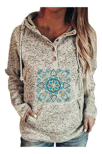 Pullover Top Blouse Hoodie Printed Snap Button Long Sleeve