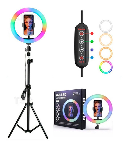 Imagen 1 de 4 de Aro De Luz Multicolor 26cm Control Remoto + Trípode 2.10m