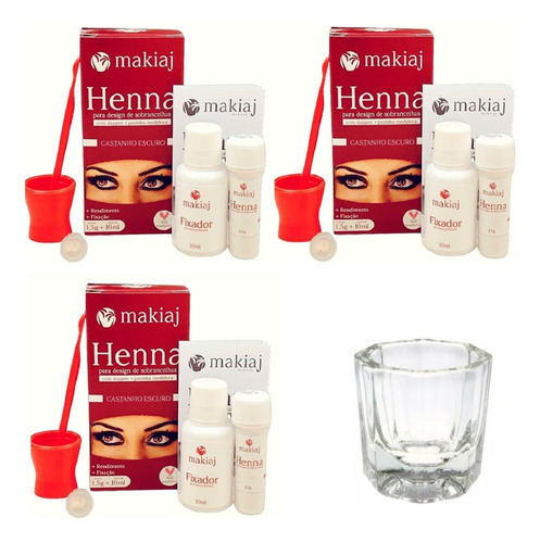 Kit 3 Henna Sobrancelhas Makiaj Alta Durabilidade + 1 Dappen Tom 3un. Castanho Escuro