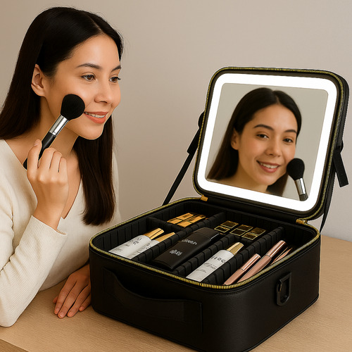 Maleta Bolsa Cosmeticos Maquiagem Com Espelho Led Blogueira