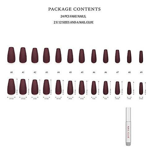 Uñas Press On Hypnaughty 24 Pzas En Color Rojo Granate Mate