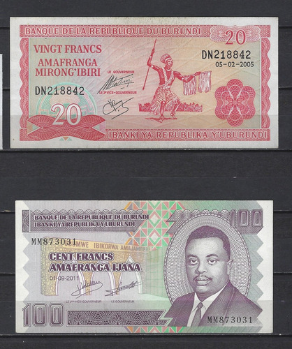 B208 Burundi X 2 Billetes 20 Y 100 Francos P-27 Y P-44