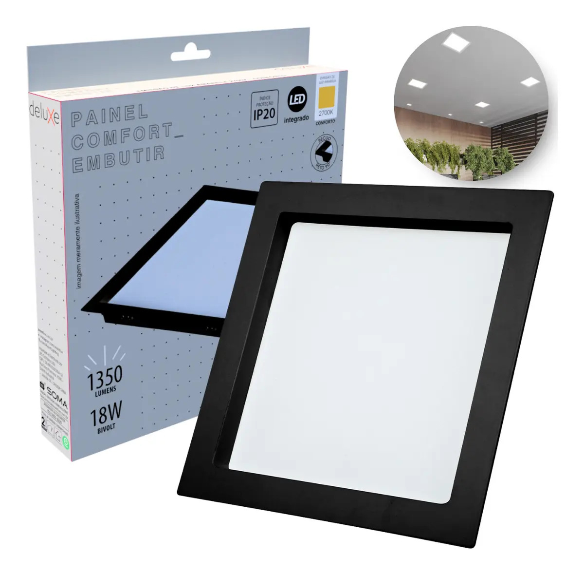 Painel Led Recuado 18w Quadrado 2700k Comfort Branco Quente 20cm Preto Fosco Cód: 908230374 Deluxe by Avant