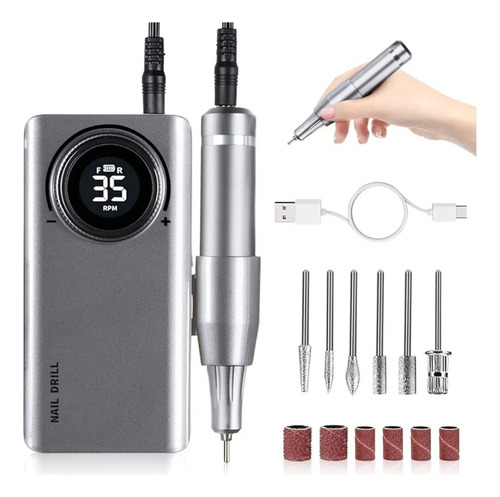 Torno Eléctrico Inalámbrico Para Uñas 35.000rpm Usb+6 Fresas Gris