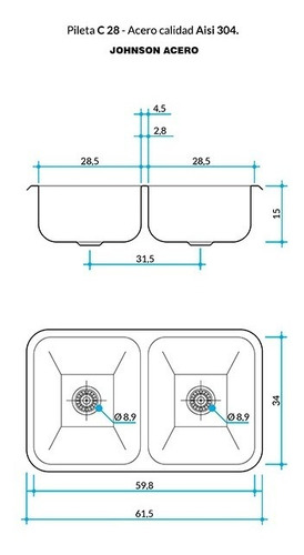 Imagen 2 de 6 de Bacha/pileta Doble De Acero Inoxidable C28 Johnson