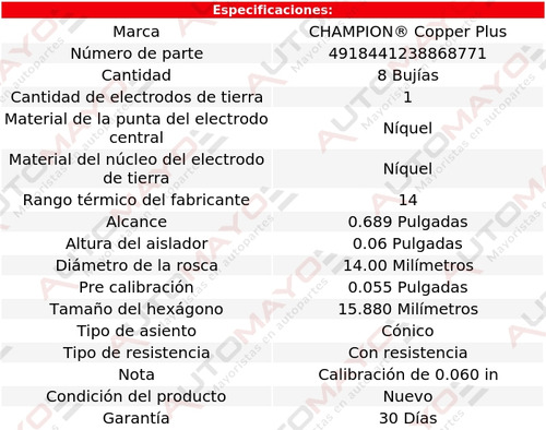 Kit 8 Bujías Cobre Champion Npr-hd 8 Cil 5.7l 99-03