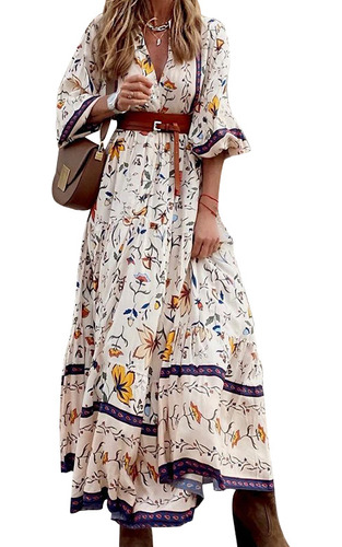 Vestido Largo Bohemio Con Estampado Moderno Para Mujer