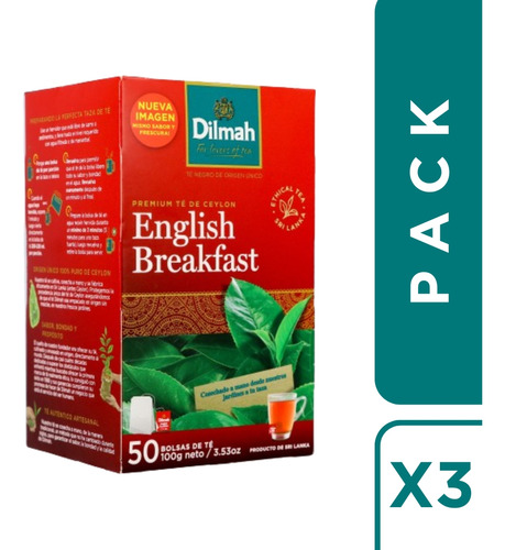 Pack 3 Un. Te Negro English Breakfast Dilmah 50 Bolsitas C/u