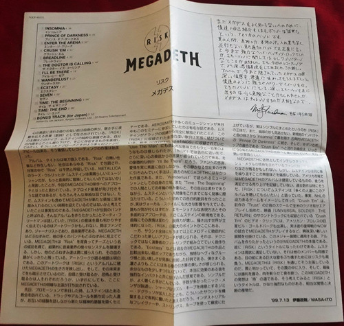 Cd Megadeth - Risk 1er Ed. Japonesa Heavy Thrash Metal (Usado)