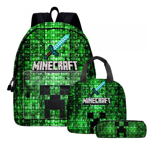 Set Mochila 40 Cm Minecraft Lunchera Cartuchera Vianda Verde