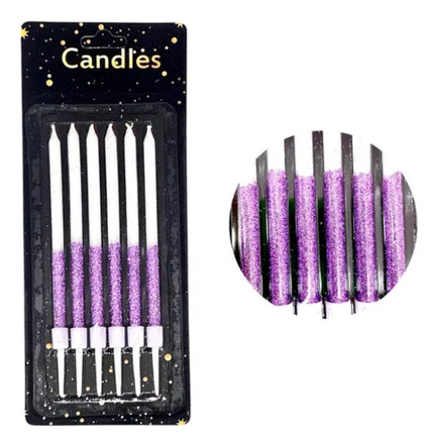 Velas Para Torta Largas Degrade Glitter Paquete X6u Lila
