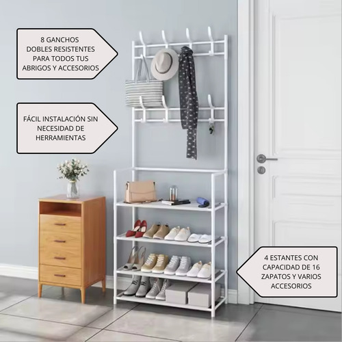 Organizador Recibidor Zapatero Perchero 4 Niveles 80cm Rack Blanco