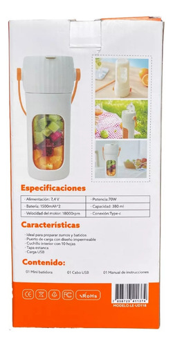 Mini Batidora Portátil Lelong Le-ud118, 380 Ml Blanco