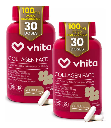 Colágeno Verisol Ácido Hialurônico Collagen Face 2 Unidades 120 Cápsulas cada Vhita