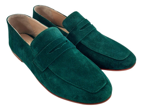 Mocasin Talon Plegable Verde Botella 100% Cuero Raiza Rangel