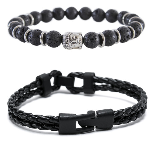 Pack Pulsera Cuero Hombre Brazalete Piedra Volcanica Buda