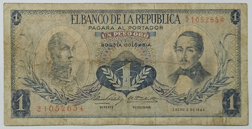 Billete 1 Peso 02/ene/1963 Colombia Fine